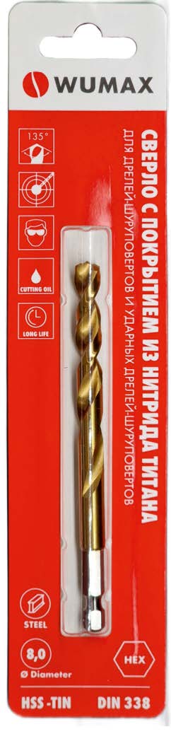 Сверло по металлу WUMAX HSS-TiN 4,0 мм, DIN338, 1/4" HEX, блистер