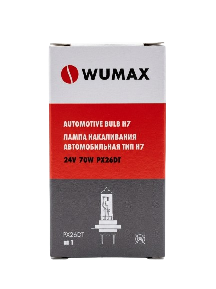 Лампа накаливания автомобильная тип H7 24V 70W, PX26DT, WUMAX